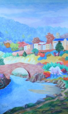 tableau représentant un pont enjambant une rivière, avec des maisons et des arbres