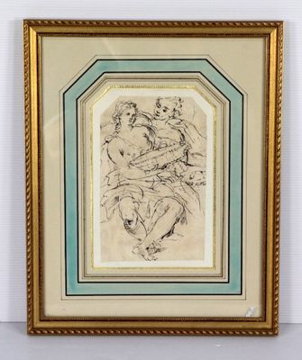 un dessin représentant une femme et un enfant, dans un cadre doré