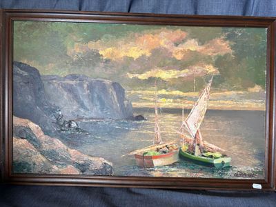 painting of a boat on a body of water with a cliff in the background