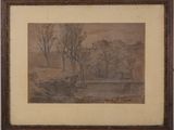 painting of a landscape with trees and a river in the foreground