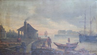 a painting of people on the shore with boats in the water