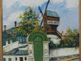 painting of a windmill in a village with a green door and a white fence