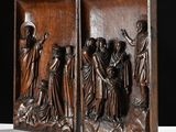 pair of carved wood panels depicting the life of jesus and mary
