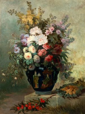 une peinture de fleurs dans un vase sur une table