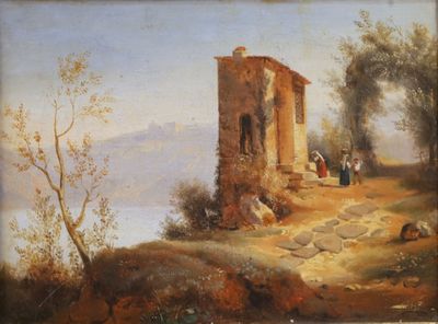 painting of a painting of a house on a hill with a lake in the background