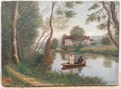 un tableau représentant des personnes dans un bateau sur l'eau