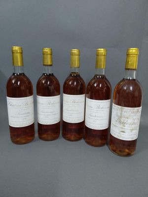 six bouteilles de vin sont alignées sur une surface grise