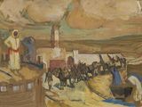 tableau représentant un tableau où l'on voit un groupe de personnes sur une plage