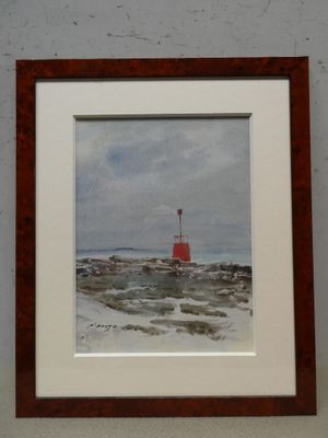 peinture représentant un phare rouge au milieu d'un paysage enneigé