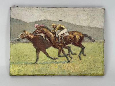 a painting of two jockeys riding horses in a field