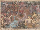 une image d'un tableau représentant un groupe de personnes sur un mur
