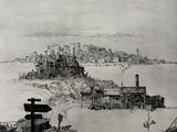 un vieux dessin représentant une vue de la ville depuis le sommet d'une colline