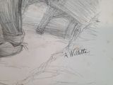 pencil drawing of a man standing next to a chair in a field