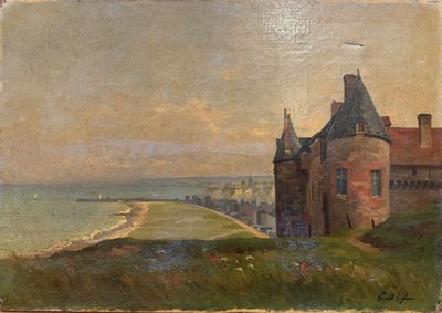 an image of a painting of a castle on a hill overlooking the ocean