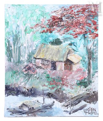 a painting of a house in the woods with a red tree