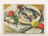 a painting of a fish on a plate with tomatoes and lemons