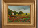 un tableau représentant un champ de fleurs rouges avec une maison en arrière-plan