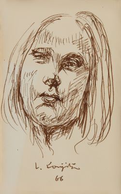 an ink drawing of a woman ' s face on a piece of paper