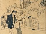 dessin représentant un homme et une femme marchant dans une rue, avec un moulin à vent en arrière-plan