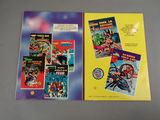 two pages of comic books on a table with a yellow background