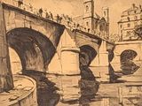 dessin d'un pont enjambant une rivière avec une tour d'horloge en arrière-plan