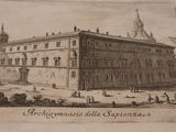 an old drawing of a building with a clock tower in the background