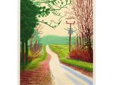 an image of a painting of a country road with trees and bushes