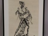 a black and white drawing of a woman in a dress