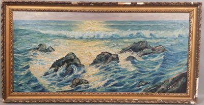 une image représentant un tableau de rochers dans l'océan avec le soleil couchant