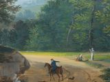 a painting of a man riding a horse on a dirt road