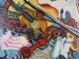 a painting of a violin and other musical instruments