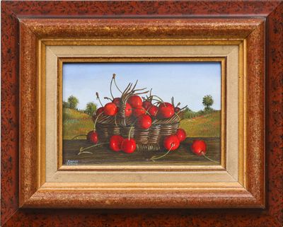an oil painting of cherries in a basket on a table