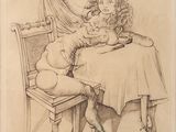drawing of a woman sitting at a table with a child and a cat