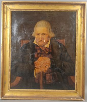 un vieux tableau représentant un homme assis sur une chaise, une canne à la main