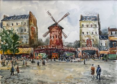 un tableau représentant un moulin à vent au cœur d'une ville
