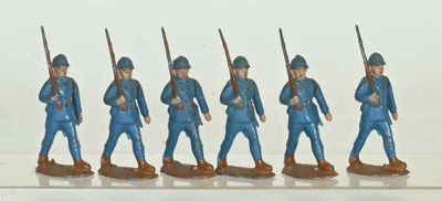 five figurines of men dressed in blue uniforms