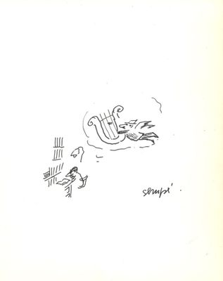 drawing of a bird flying in the air next to a chair