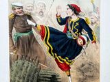 une vieille gravure représentant une femme en robe bleue et un homme au chapeau rouge