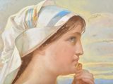 painting of a woman with a white head scarf eating a hot dog