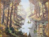 an oil painting of a river in a wooded area with trees in the background