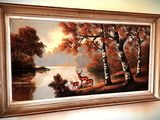 a picture of a painting of two deer by the water