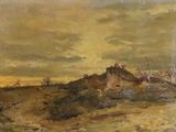 painting of a landscape with a castle in the distance and trees in the foreground