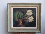 a painting of a cactus plant and a potted plant on a table