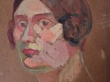 painting of a woman ' s face with a brown background