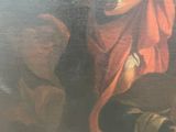 an old painting of a woman in a red dress and a man in a white shirt