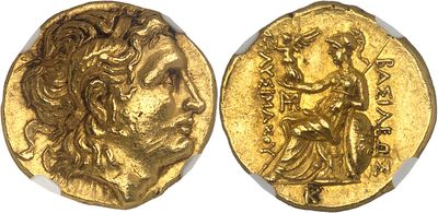 a gold coin with an image of a woman and a man on it