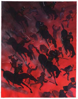 une image d'une peinture représentant un groupe de personnes à cheval