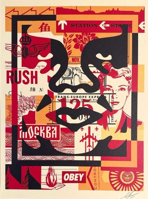 an image of a red and yellow poster with a woman ' s face on it