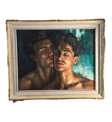 framed oil painting of a man and a woman in the rain