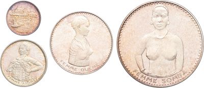 four different types of coins are shown on a white surface